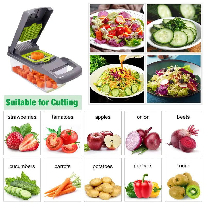 Manual kitchen chopper with grater and shredder for vegetables and cheese.