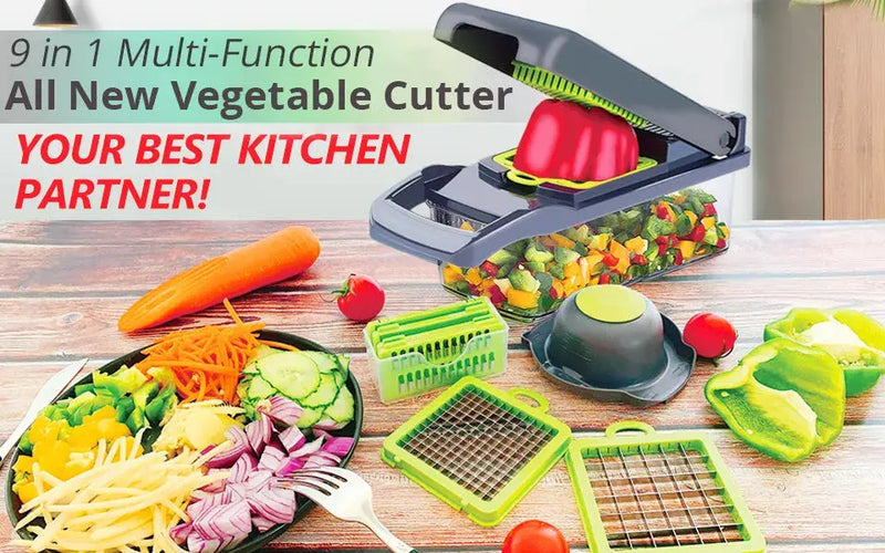 Kitchen vegetable cutter with multiple blades for slicing and grating.