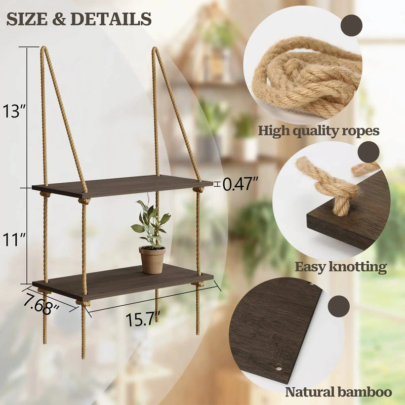 Wood floating shelves with woven hanger, perfect for bedroom and living room wall storage.