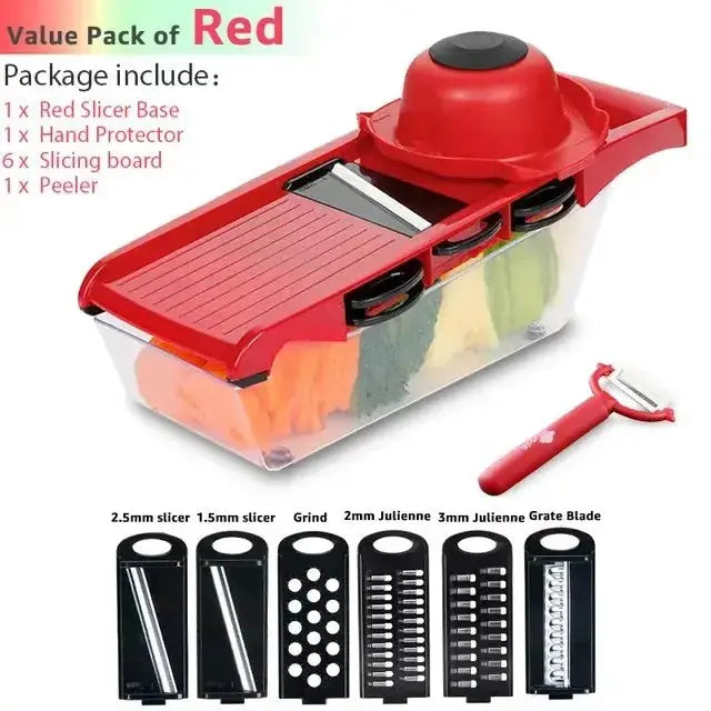 Multifunctional vegetable chopper with grater, cutter, and slicer for kitchen use.