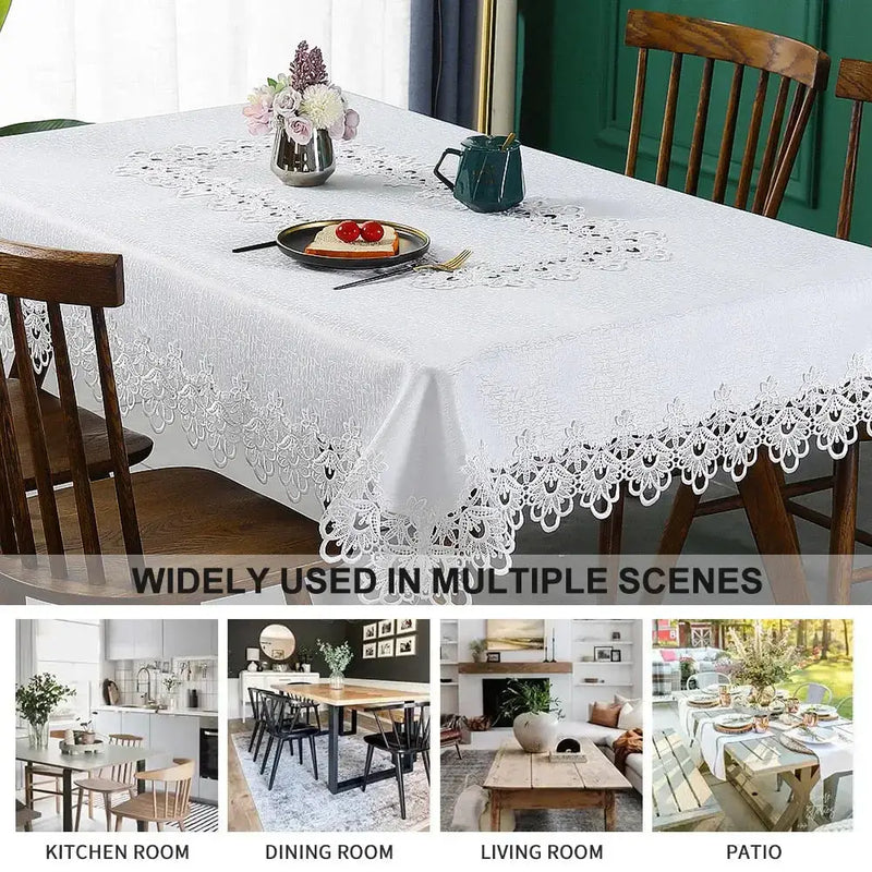 White lace tablecloth displayed in various home settings, including kitchen, dining, living room, and patio. Versatile and waterproof design.