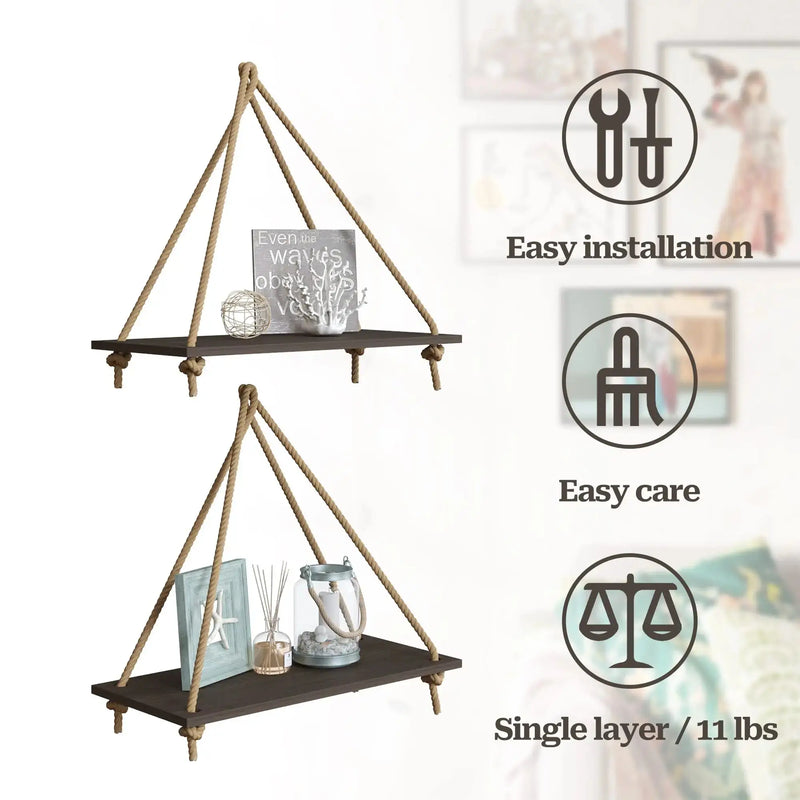 Elegant hanging shelves with macrame design, great for displaying decor in any room.