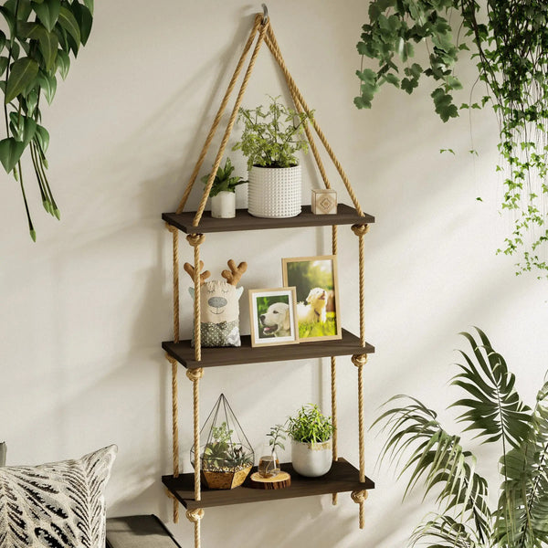 Wood floating shelves with woven hanger, perfect for bedroom and living room wall storage.