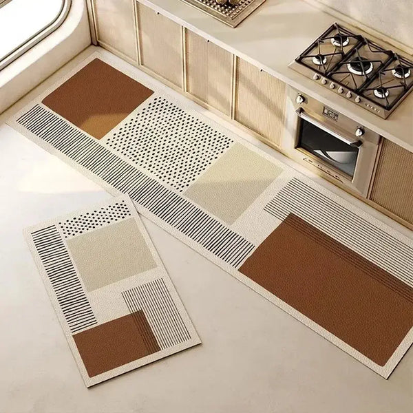 Anti-slip PVC kitchen floor mat, long and stylish brown rug for home and foot comfort.