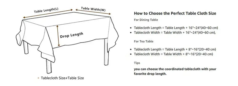 Size guide for choosing the perfect tablecloth, including measurements for dining and tea tables. Helps select the ideal drop length.