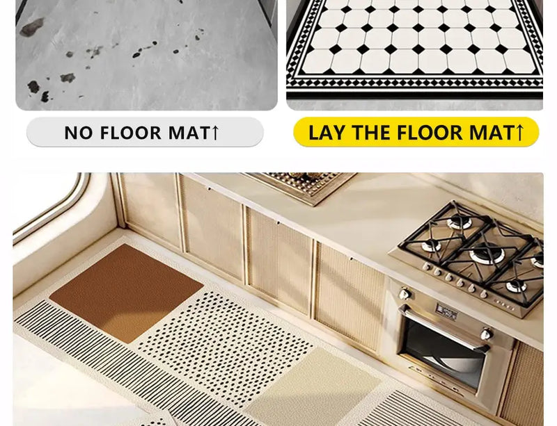 Brown Japanese-style kitchen floor mat, durable PVC material with anti-slip backing.