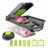 Manual kitchen chopper with grater and shredder for vegetables and cheese.