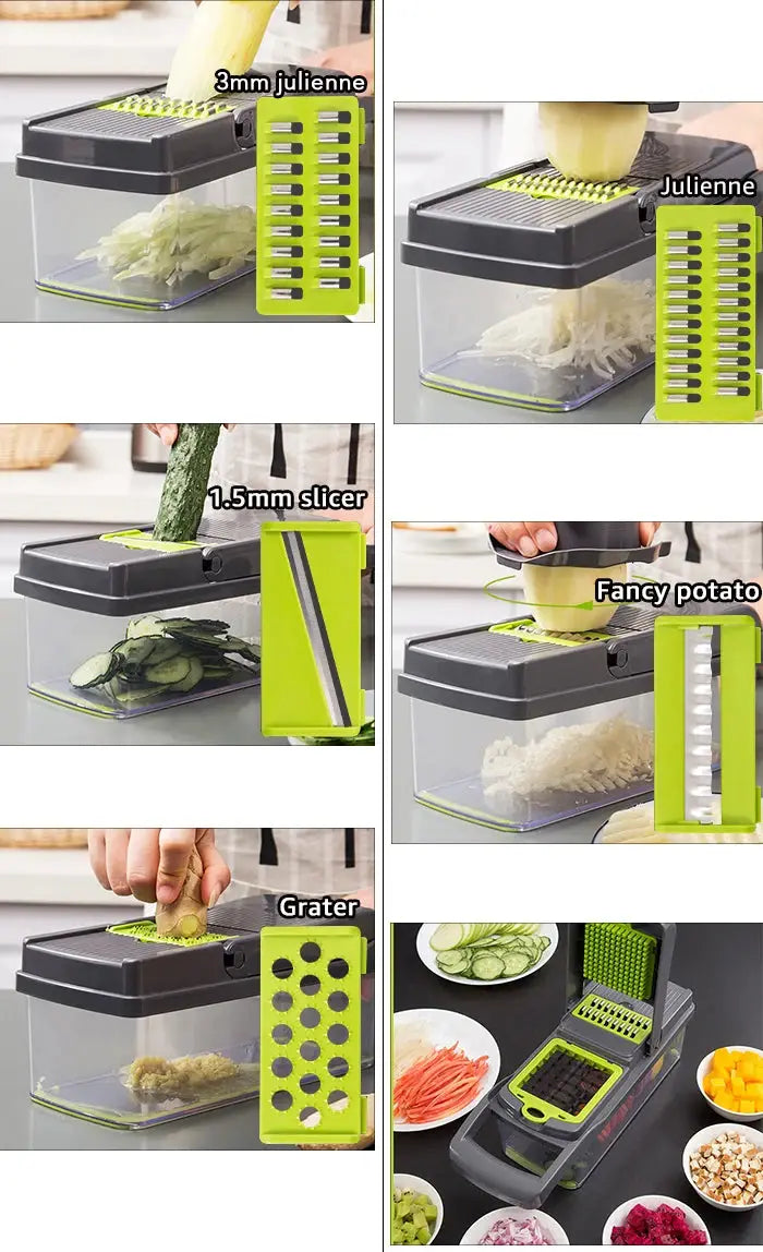 Multifunctional vegetable chopper and fruit slicer for easy meal prep.