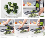 Kitchen vegetable cutter with multiple blades for slicing and grating.