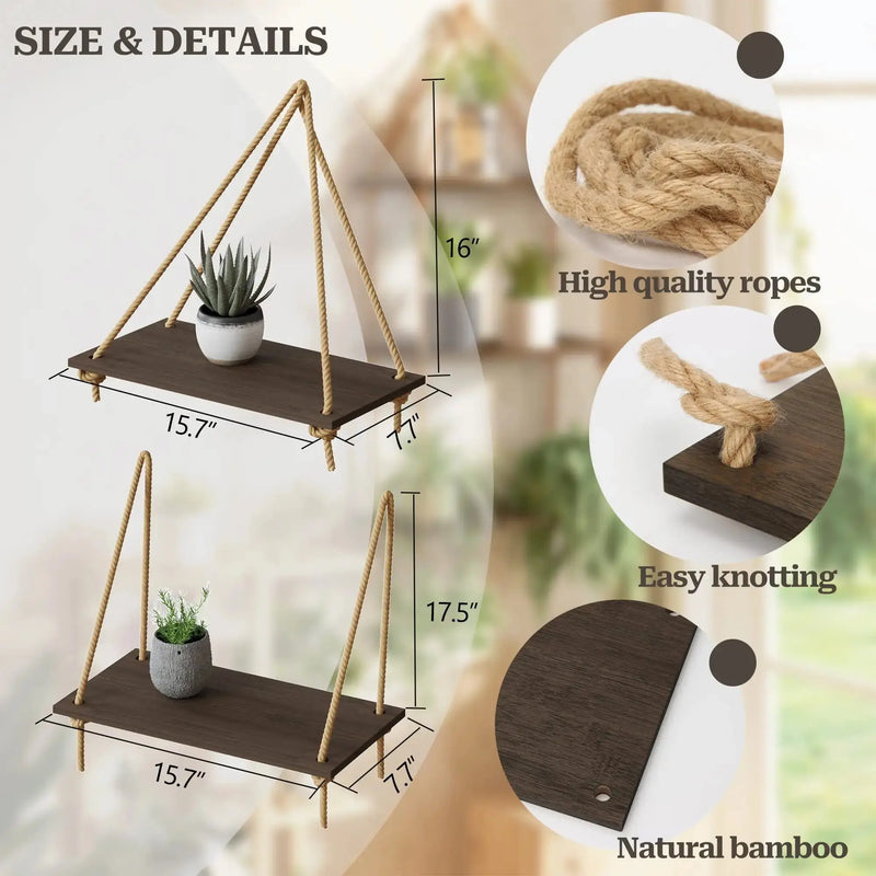 Wood floating shelves with woven hanger, perfect for bedroom and living room wall storage.