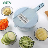 Multifunctional vegetable chopper with grater, cutter, and slicer for kitchen use.