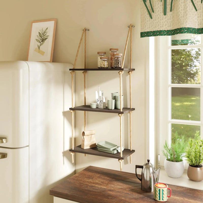 Macrame wood floating shelves with woven hanger, ideal for stylish home decoration.