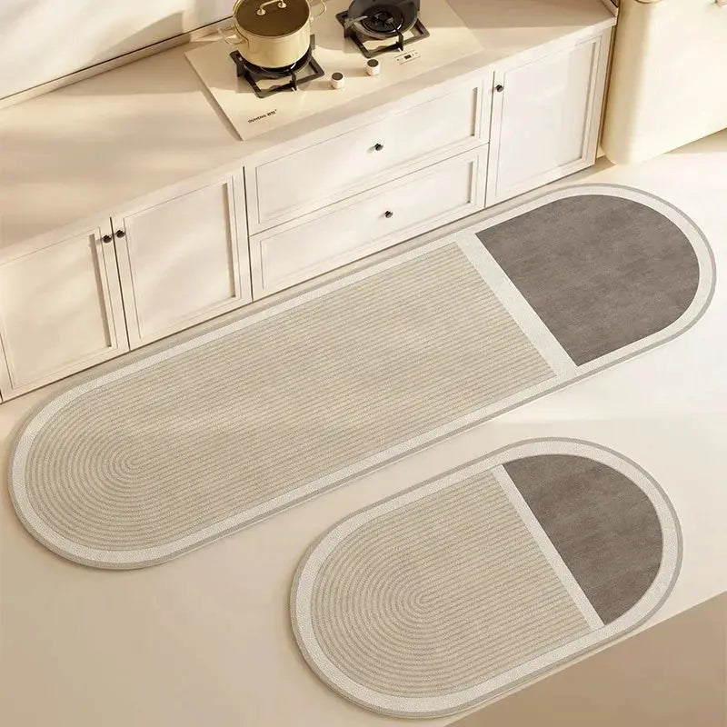 Long kitchen floor mat with anti-slip backing and super absorbent material.