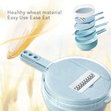 Manual vegetable chopper for shredding potatoes, cheese, onions, and fruits.