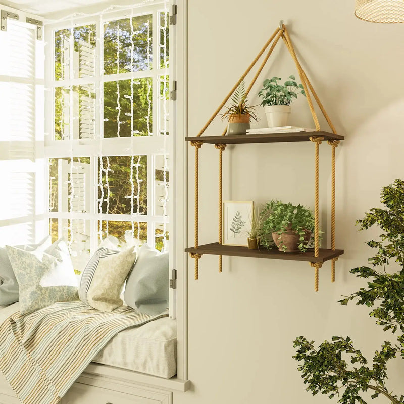 Elegant hanging shelves with macrame design, great for displaying decor in any room.