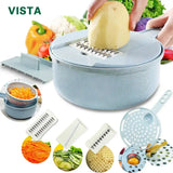 Manual vegetable chopper for shredding potatoes, cheese, onions, and fruits.