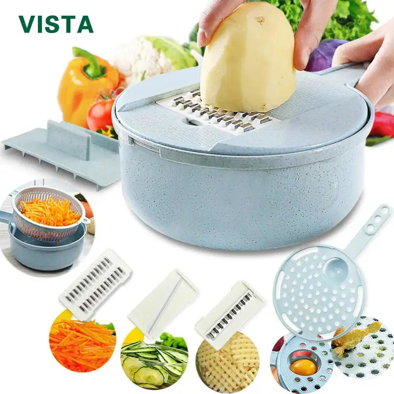 Manual vegetable chopper for shredding potatoes, cheese, onions, and fruits.