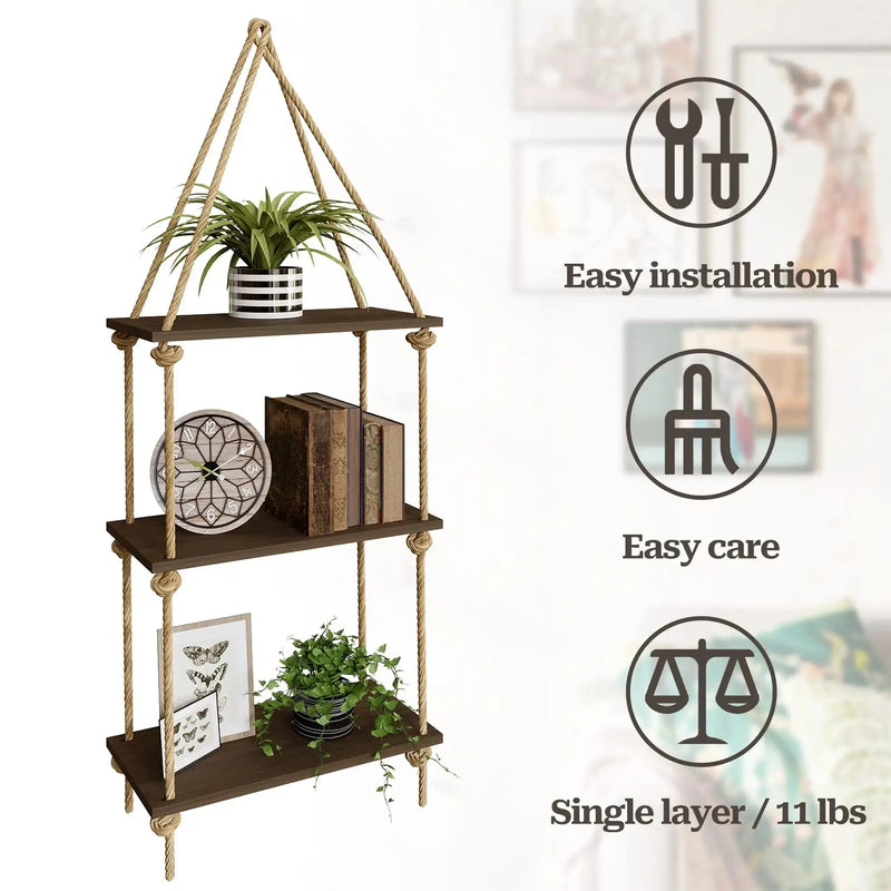 Elegant hanging shelves with macrame design, great for displaying decor in any room.