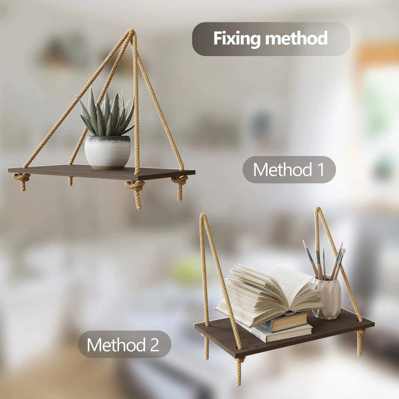 Macrame wood floating shelves with woven hanger, ideal for stylish home decoration.